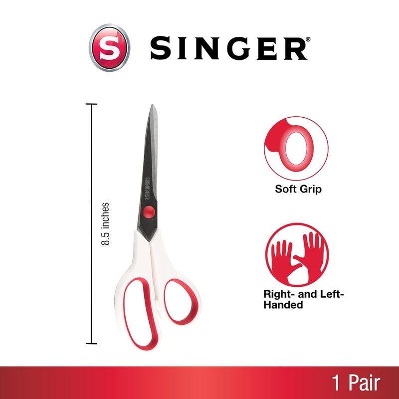 SINGER مقص قماش بمقبض مريح، عبوة واحدة، أحمر وأبيض - Image 2